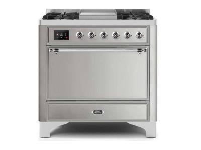 36" ILVE Majestic II Dual Fuel Liquid Propane Freestanding Range with Chrome Trim in Stainless Steel - UM09FDQNS3/SSC LP