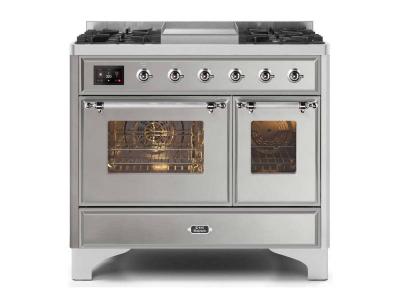 40" ILVE Majestic II Dual Fuel Liquid Propane Freestanding Range with Chrome Trim in Stainless Steel - UMD10FDNS3/SSC LP