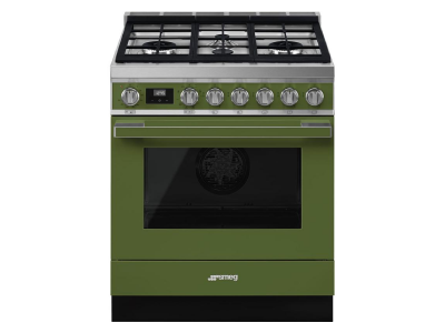 30" SMEG Cooker Portofino Freestanding Dual Fuel Range with 4 Burners in Olive Green - CPF30UGMOG