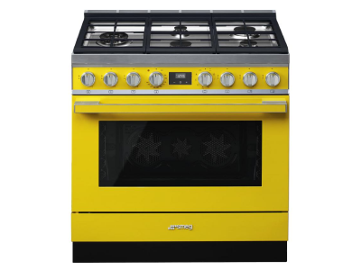 36" SMEG Cooker Portofino Freestanding Dual Fuel Range with 5 Burners in Yellow - CPF36UGMYW