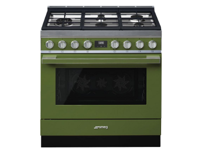 36" SMEG Cooker Portofino Freestanding Dual Fuel Range with 5 Burners in Olive Green - CPF36UGMOG