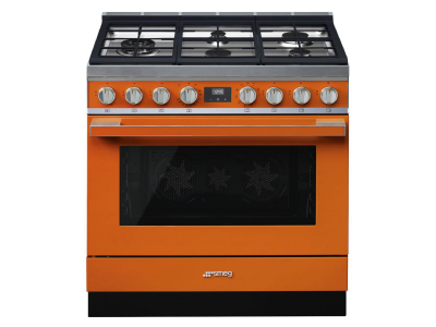 36" SMEG Cooker Portofino Freestanding Dual Fuel Range with 5 Burners in Orange - CPF36UGMOR