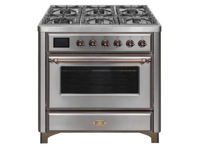 36" ILVE Majestic II Dual Fuel Freestanding Range With Bronze Trim In Stainless Steel - UM09FDNS3SSB-LP