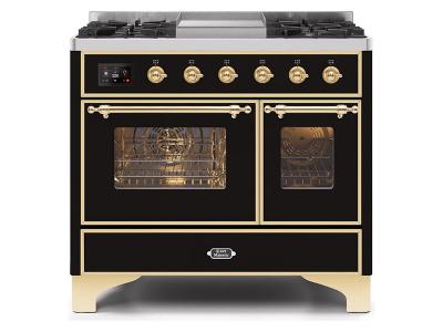 40" ILVE Majestic II Dual Fuel Range with Brass Trim in Gloss Black - UMD10FDNS3BKG