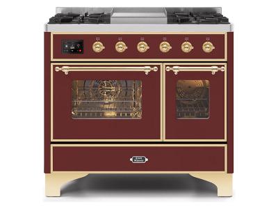 40" ILVE Majestic II Dual Fuel Range with Brass Trim in Burgundy - UMD10FDNS3BUG-NG