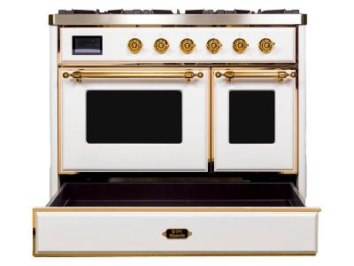 40" ILVE Majestic II Dual Fuel Range with Brass Trim in White  - UMD10FDNS3WHG-LP