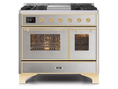 40" ILVE Majestic II Dual Fuel Range with Brass Trim in Stainless Steel - UMD10FDNS3SSG-NG