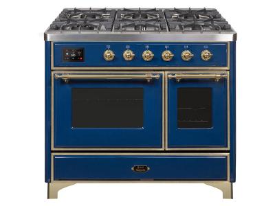 40" ILVE Majestic II Dual Fuel Range with Brass Trim in Blue - UMD10FDNS3MBG-NG