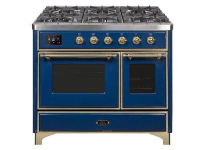 40" ILVE Majestic II Dual Fuel Range with Brass Trim in Blue - UMD10FDNS3MBG-LP