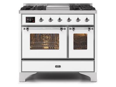 40" ILVE Majestic II Dual Fuel Range with Chrome Trim in White - UMD10FDNS3WHC-LP