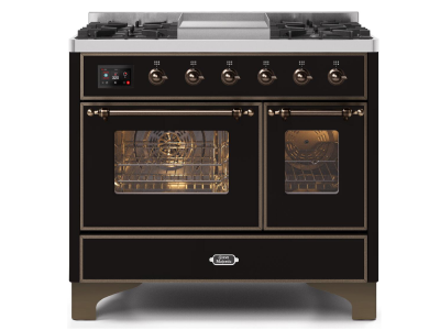 40" ILVE Majestic II Dual Fuel Range with Bronze Trim in Glossy Black - UMD10FDNS3BKB-LP