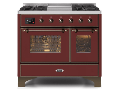 40" ILVE Majestic II Dual Fuel Range with Bronze Trim in Burgundy - UMD10FDNS3BUB-NG