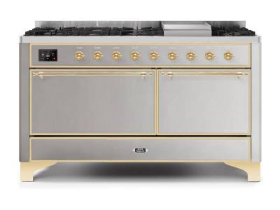 60" ILVE Majestic II Dual Fuel Range with Brass Trim in Stainless Steel - UM15FDQNS3/SSG NG