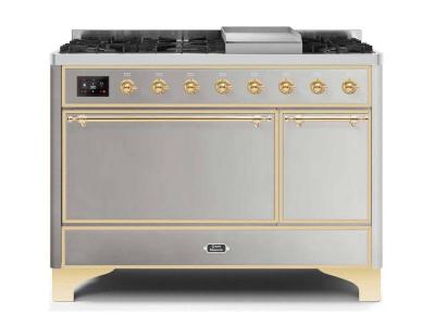 48" ILVE Majestic II Dual Fuel Natural Gas Range with Brass Trim in Stainless Steel   - UM12FDQNS3/SSG NG
