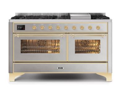 60" ILVE Majestic II Dual Fuel Liquid Propane Range with Brass Trim in Stainless Steel - UM15FDNS3/SSG LP