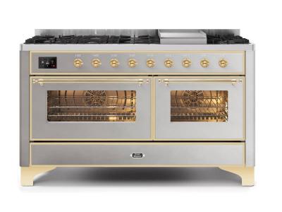 60" ILVE Majestic II Dual Fuel Natural Gas Range with Brass Trim in Stainless Steel - UM15FDNS3/SSG NG