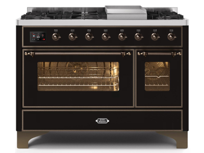 48" ILVE Majestic II Dual Fuel Range in Glossy Black with Bronze Trim - UM12FDNS3BKB-LP