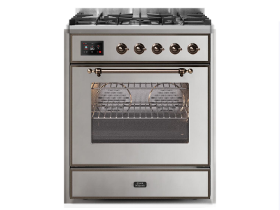 30" ILVE Majestic II 4 Cu. Ft. Dual Fuel Natural Gas Freestanding Range in Stainless Steel with Bronze Trim - UM30DNE3/SSB NG