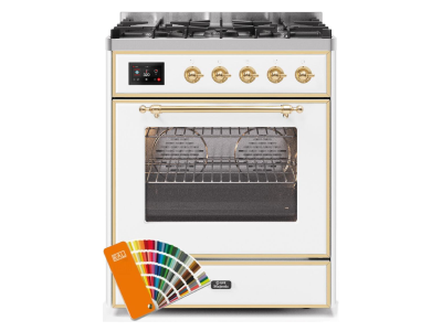 30" ILVE 4 Cu. Ft. Majestic II Dual Fuel Liquid Propane Range in Custom RAL Color with Brass Trim - UM30DNE3/RALG LP