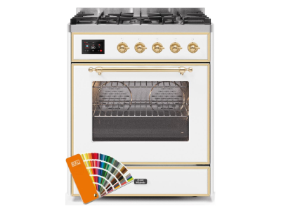30" ILVE 4 Cu. Ft. Majestic II Dual Fuel Natural Gas Range in Custom RAL Color with Brass Trim - UM30DNE3/RALG NG