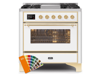 36" ILVE 3.5 Cu. Ft. Majestic II Dual Fuel Liquid Propane Range in Custom RAL Color with Brass Trim - UM09FDNS3/RALG LP