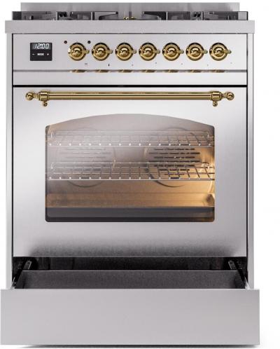 30" ILVE Nostalgie II Dual Fuel Freestanding Range in Stainless Steel with Brass Trim - UP30NMP/SSG LP