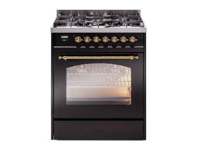 30" ILVE Nostalgie II Dual Fuel Freestanding Range in Gloss Black with Brass Trim - UP30NMP/BKG LP