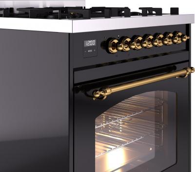 30" ILVE Nostalgie II Dual Fuel Freestanding Range in Gloss Black with Brass Trim - UP30NMP/BKG LP