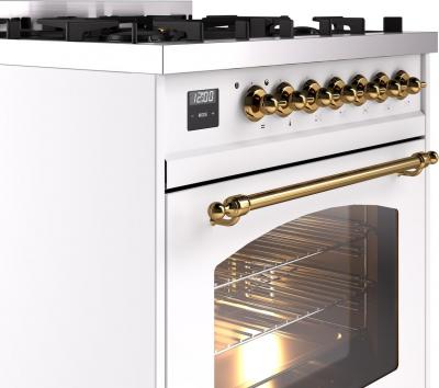 30" ILVE Nostalgie II Dual Fuel Freestanding Range in White with Brass Trim - UP30NMP/WHG LP