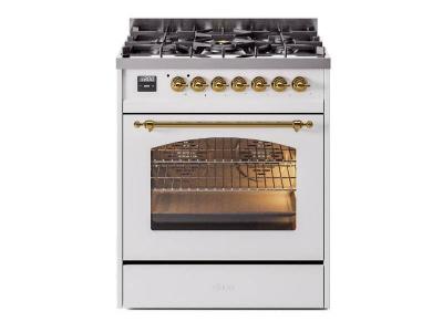 30" ILVE Nostalgie II Dual Fuel Freestanding Range in White with Brass Trim - UP30NMP/WHG LP