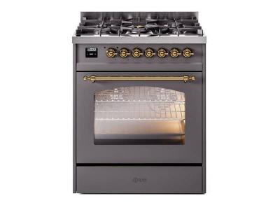 30" ILVE Nostalgie II Dual Fuel Freestanding Range with Brass Trim - UP30NMP/MGG LP