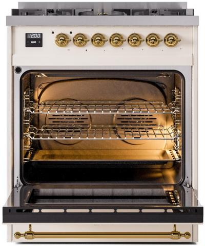 30" ILVE Nostalgie II Dual Fuel Freestanding Range with Brass Trim - UP30NMP/AWG LP