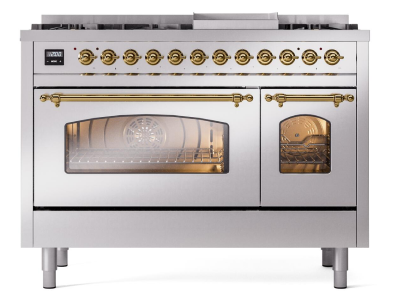 48" ILVE Nostalgie II Dual Fuel Liquid Propane Freestanding Range in Stainless Steel with Brass Trim - UP48FNMP/SSG LP