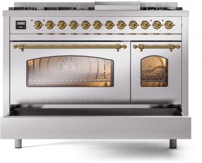 48" ILVE Nostalgie II Dual Fuel Liquid Propane Freestanding Range in Stainless Steel with Brass Trim - UP48FNMP/SSG LP