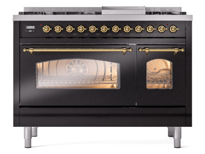 48" ILVE Nostalgie II Dual Fuel Liquid Propane Freestanding Range in Glossy Black with Brass Trim - UP48FNMP/BKG LP