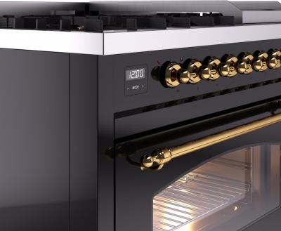 48" ILVE Nostalgie II Dual Fuel Liquid Propane Freestanding Range in Glossy Black with Brass Trim - UP48FNMP/BKG LP