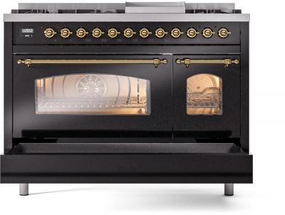 48" ILVE Nostalgie II Dual Fuel Liquid Propane Freestanding Range in Glossy Black with Brass Trim - UP48FNMP/BKG LP