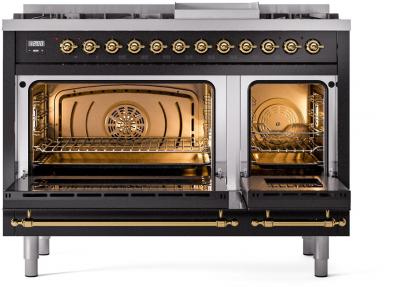 48" ILVE Nostalgie II Dual Fuel Liquid Propane Freestanding Range in Glossy Black with Brass Trim - UP48FNMP/BKG LP