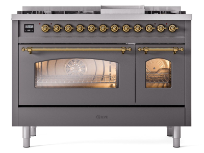 48" ILVE Nostalgie II Dual Fuel Liquid Propane Freestanding Range in Matte Graphite with Brass Trim - UP48FNMP/MGG LP