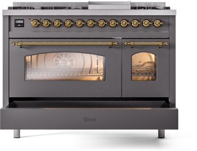 48" ILVE Nostalgie II Dual Fuel Liquid Propane Freestanding Range in Matte Graphite with Brass Trim - UP48FNMP/MGG LP