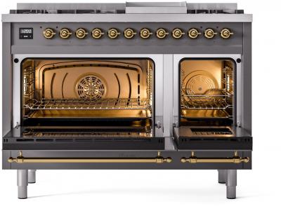 48" ILVE Nostalgie II Dual Fuel Liquid Propane Freestanding Range in Matte Graphite with Brass Trim - UP48FNMP/MGG LP