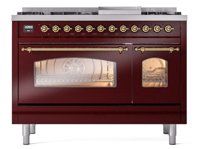 48" ILVE Nostalgie II Dual Fuel Liquid Propane Freestanding Range in Burgundy with Brass Trim - UP48FNMP/BUG LP