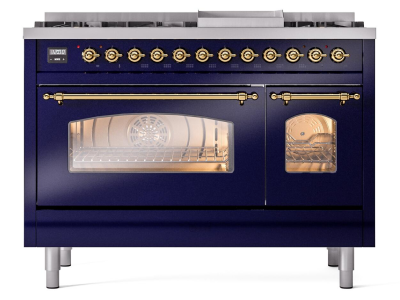 48" ILVE Nostalgie II Dual Fuel Liquid Propane Freestanding Range in Blue with Brass Trim - UP48FNMP/MBG LP