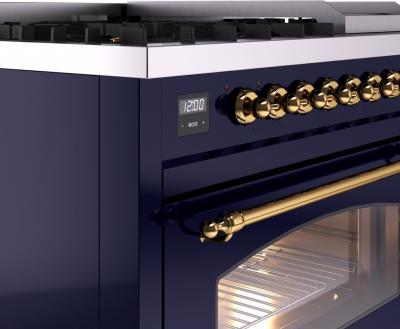 48" ILVE Nostalgie II Dual Fuel Liquid Propane Freestanding Range in Blue with Brass Trim - UP48FNMP/MBG LP