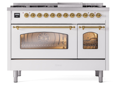 48" ILVE Nostalgie II Dual Fuel Liquid Propane Freestanding Range in White with Brass Trim - UP48FNMP/WHG LP