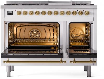 48" ILVE Nostalgie II Dual Fuel Liquid Propane Freestanding Range in White with Brass Trim - UP48FNMP/WHG LP
