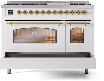 48" ILVE Nostalgie II Dual Fuel Liquid Propane Freestanding Range in White with Brass Trim - UP48FNMP/WHG LP