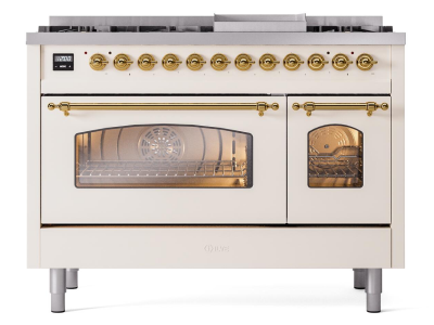 48" ILVE Nostalgie II Dual Fuel Liquid Propane Freestanding Range in Antique White with Brass Trim - UP48FNMP/AWG LP