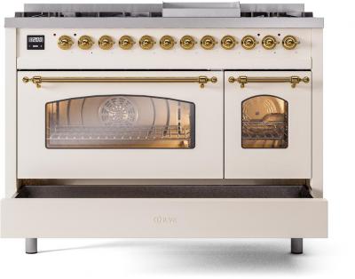 48" ILVE Nostalgie II Dual Fuel Liquid Propane Freestanding Range in Antique White with Brass Trim - UP48FNMP/AWG LP