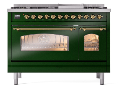 48" ILVE Nostalgie II Dual Fuel Liquid Propane Freestanding Range in Emerald Green with Brass Trim - UP48FNMP/EGG LP